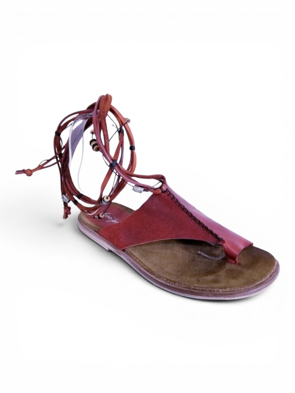 Free People Leather Beaded Ankle Wrap Toe Loop Sandals Boho Festival 37